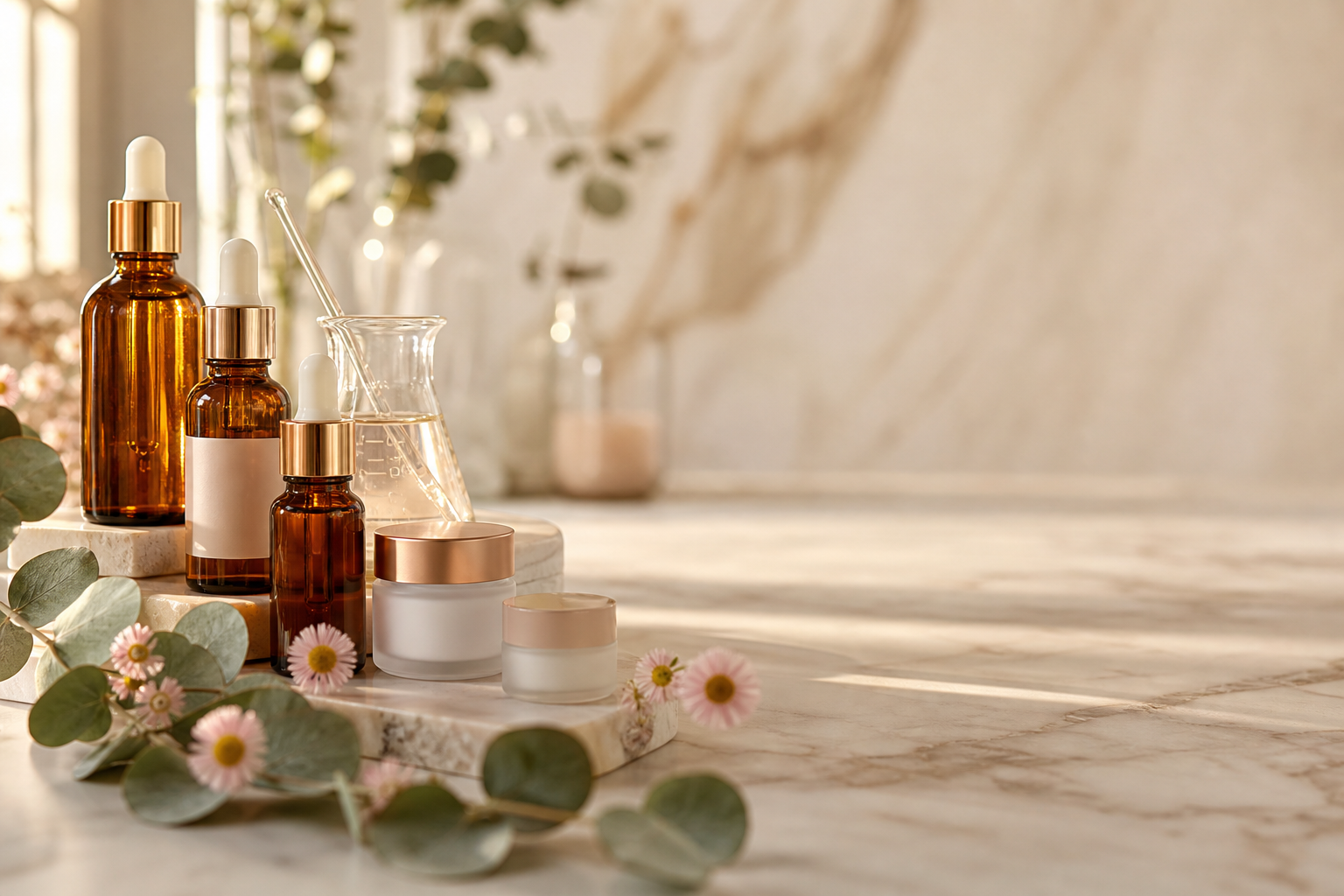Skincare bottles and beaker arranged on a marble counter with eucalyptus and chamomile